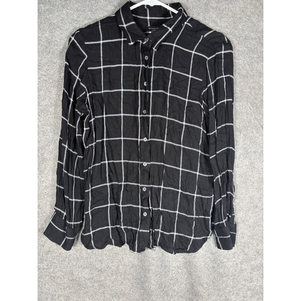 Banana Republic Dillon Classic Fit Flannel Shirt Black White Plaid Petite Medium